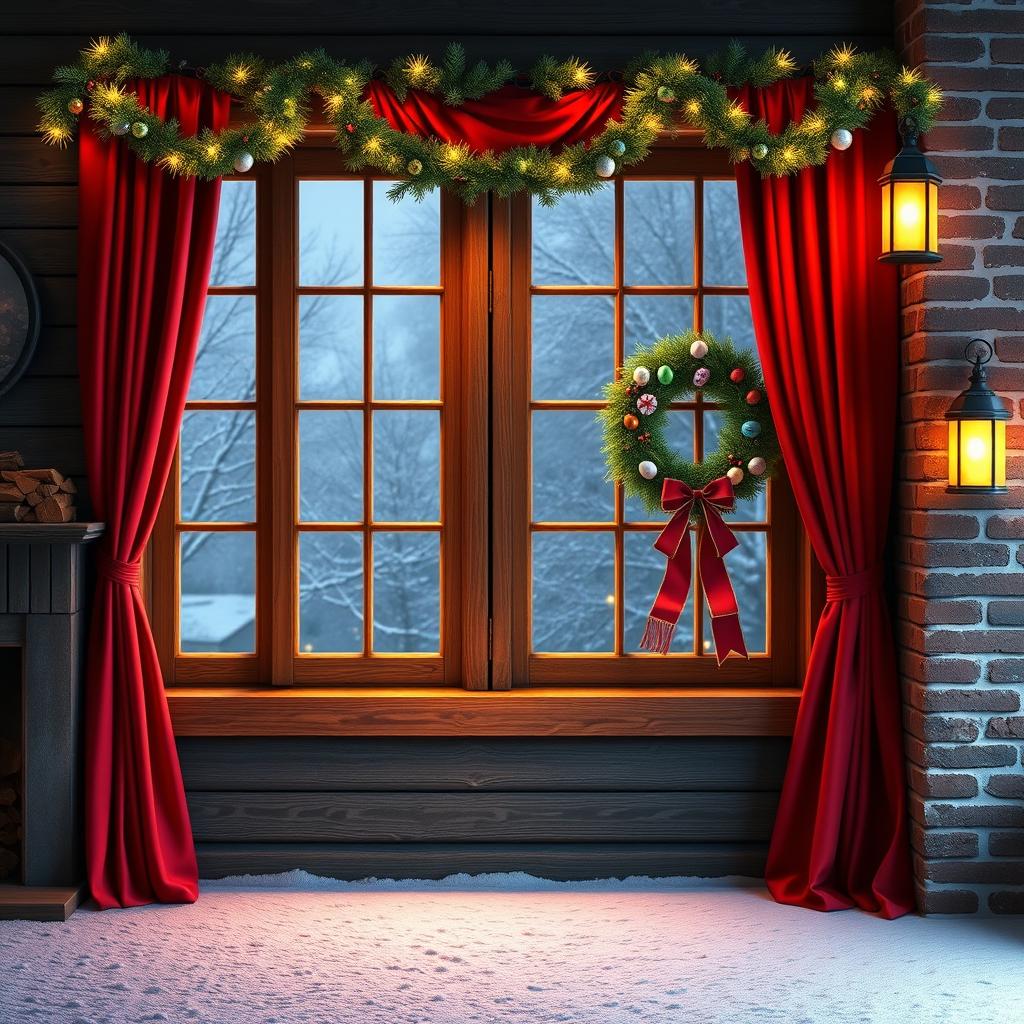 A realistic Christmas background in a horizontal 4:5 format featuring a large wooden window with red curtains pulled to the sides