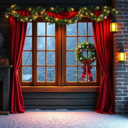 A realistic Christmas background in a horizontal 4:5 format featuring a large wooden window with red curtains pulled to the sides