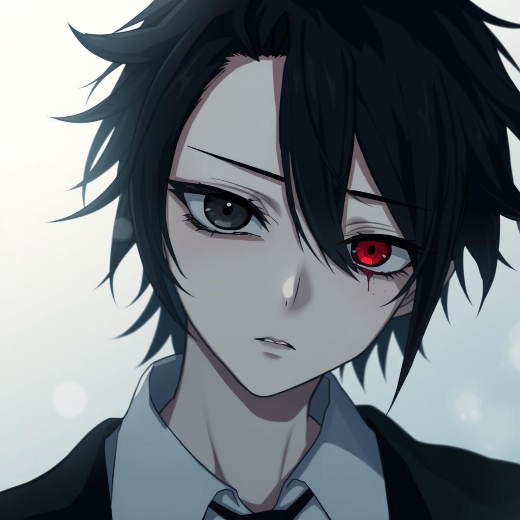 A melancholic anime boy with heterochromia, showcasing one black eye and one red eye