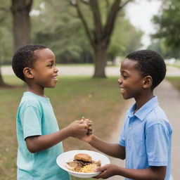 A touching image displaying an African American boy generously offering food to a Caucasian boy, embodying a spirit of kindness and shared humanity.