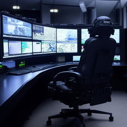 The command chair in the SWAT Control Room, a state-of-the-art, ergonomic piece of furniture designed for comfort during intense, priority-driven operations.