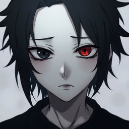 A melancholic anime boy with heterochromia, showcasing one black eye and one red eye