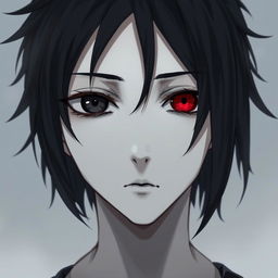 A melancholic anime boy with heterochromia, showcasing one black eye and one red eye