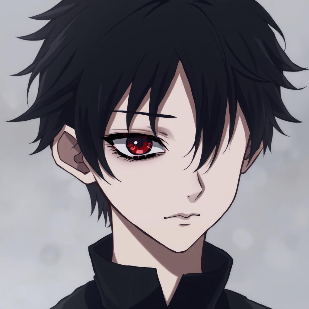 A melancholic anime boy with heterochromia, showcasing one black eye and one red eye