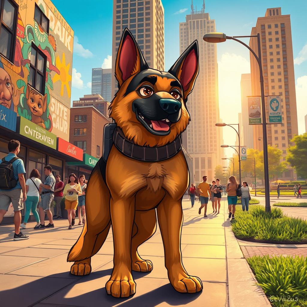 German Shepherd dog named Doug, the city guardian, in a dynamic urban environment inspired by the artworks of Elvis de Araujo