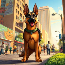 German Shepherd dog named Doug, the city guardian, in a dynamic urban environment inspired by the artworks of Elvis de Araujo