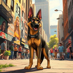 German Shepherd dog named Doug, the city guardian, in a dynamic urban environment inspired by the artworks of Elvis de Araujo