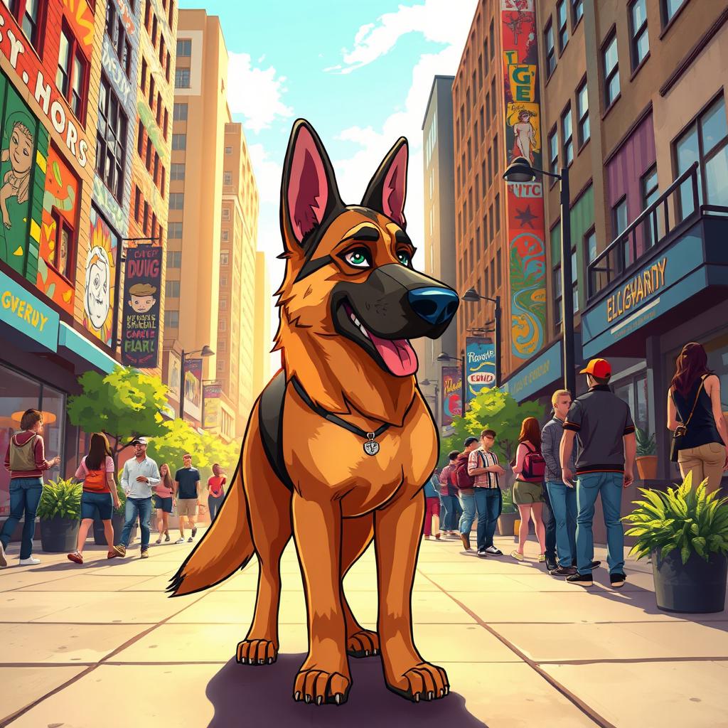 German Shepherd dog named Doug, the city guardian, in a dynamic urban environment inspired by the artworks of Elvis de Araujo