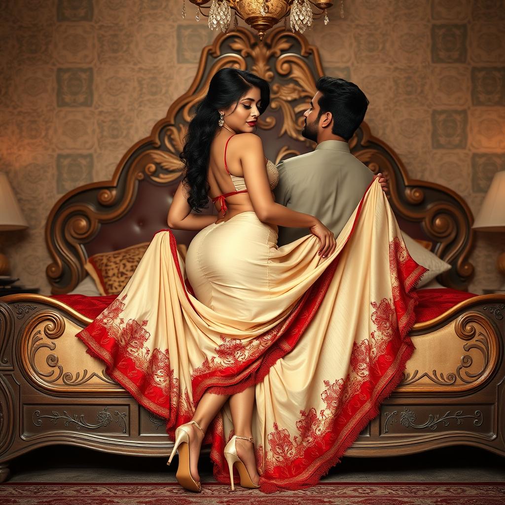 A captivating portrayal of an alluring Assamese woman with a seductive figure, showcasing big breasts and a voluptuous backside, engaged in a romantic moment with her boyfriend on an ornate bed