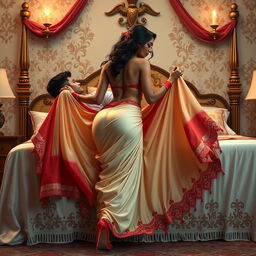 A captivating portrayal of an alluring Assamese woman with a seductive figure, showcasing big breasts and a voluptuous backside, engaged in a romantic moment with her boyfriend on an ornate bed