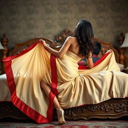 A captivating portrayal of an alluring Assamese woman with a seductive figure, showcasing big breasts and a voluptuous backside, engaged in a romantic moment with her boyfriend on an ornate bed