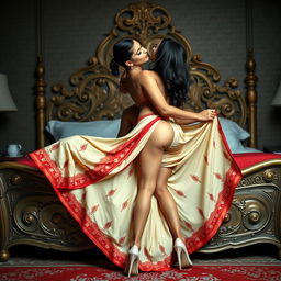 A captivating portrayal of an alluring Assamese woman with a seductive figure, showcasing big breasts and a voluptuous backside, engaged in a romantic moment with her boyfriend on an ornate bed