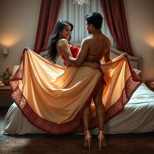 A stunning depiction of a voluptuous Assamese woman with a sexy figure, characterized by big breasts and a well-defined backside, engaged in a passionate romantic scene with her boyfriend on a luxurious bed