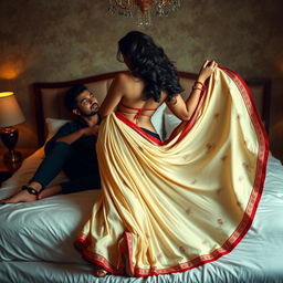 A stunning depiction of a voluptuous Assamese woman with a sexy figure, characterized by big breasts and a well-defined backside, engaged in a passionate romantic scene with her boyfriend on a luxurious bed