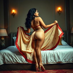 A stunning depiction of a voluptuous Assamese woman with a sexy figure, characterized by big breasts and a well-defined backside, engaged in a passionate romantic scene with her boyfriend on a luxurious bed