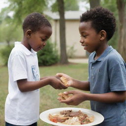 A touching image displaying an African American boy generously offering food to a Caucasian boy, embodying a spirit of kindness and shared humanity.