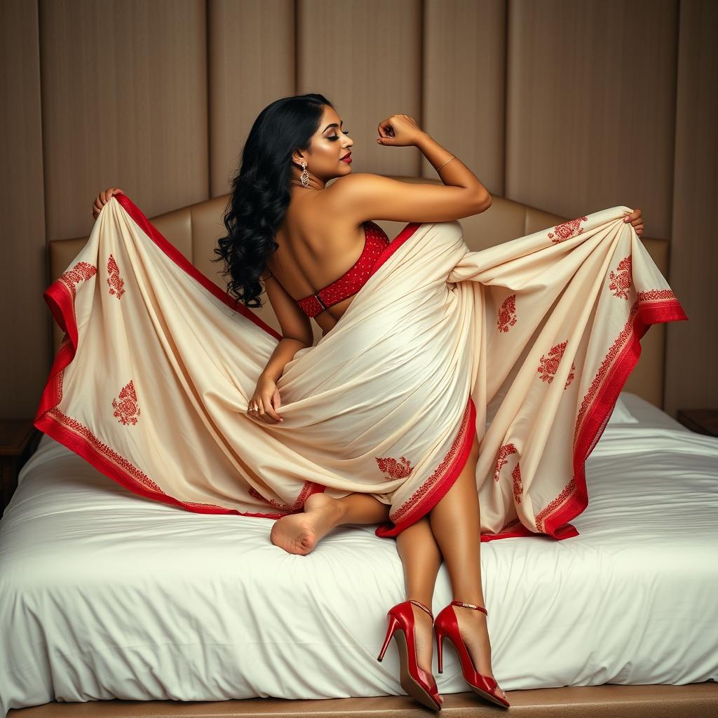 A captivating image of a beautiful Assamese woman with a sexy figure, featuring big breasts, a voluptuous backside, and a stunning face, engaging in a romantic scene with her boyfriend on a luxurious bed