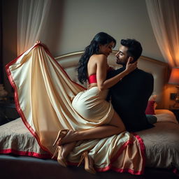 A captivating image of a beautiful Assamese woman with a sexy figure, featuring big breasts, a voluptuous backside, and a stunning face, engaging in a romantic scene with her boyfriend on a luxurious bed