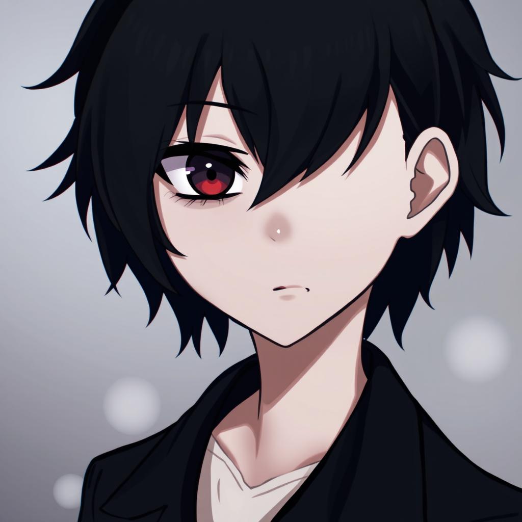 A cute emo anime boy with heterochromia, featuring one black eye and one red eye