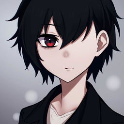 A cute emo anime boy with heterochromia, featuring one black eye and one red eye