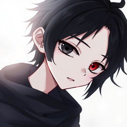 A cute emo anime boy with heterochromia, featuring one black eye and one red eye