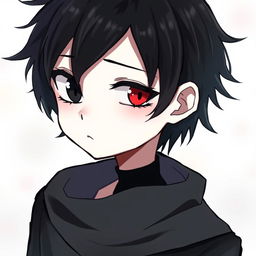 A cute emo anime boy with heterochromia, featuring one black eye and one red eye