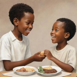 An endearing illustration portraying a kind-hearted African American boy generously sharing his food with a white Caucasian boy, encapsulating a moment of pure friendship and camaraderie.