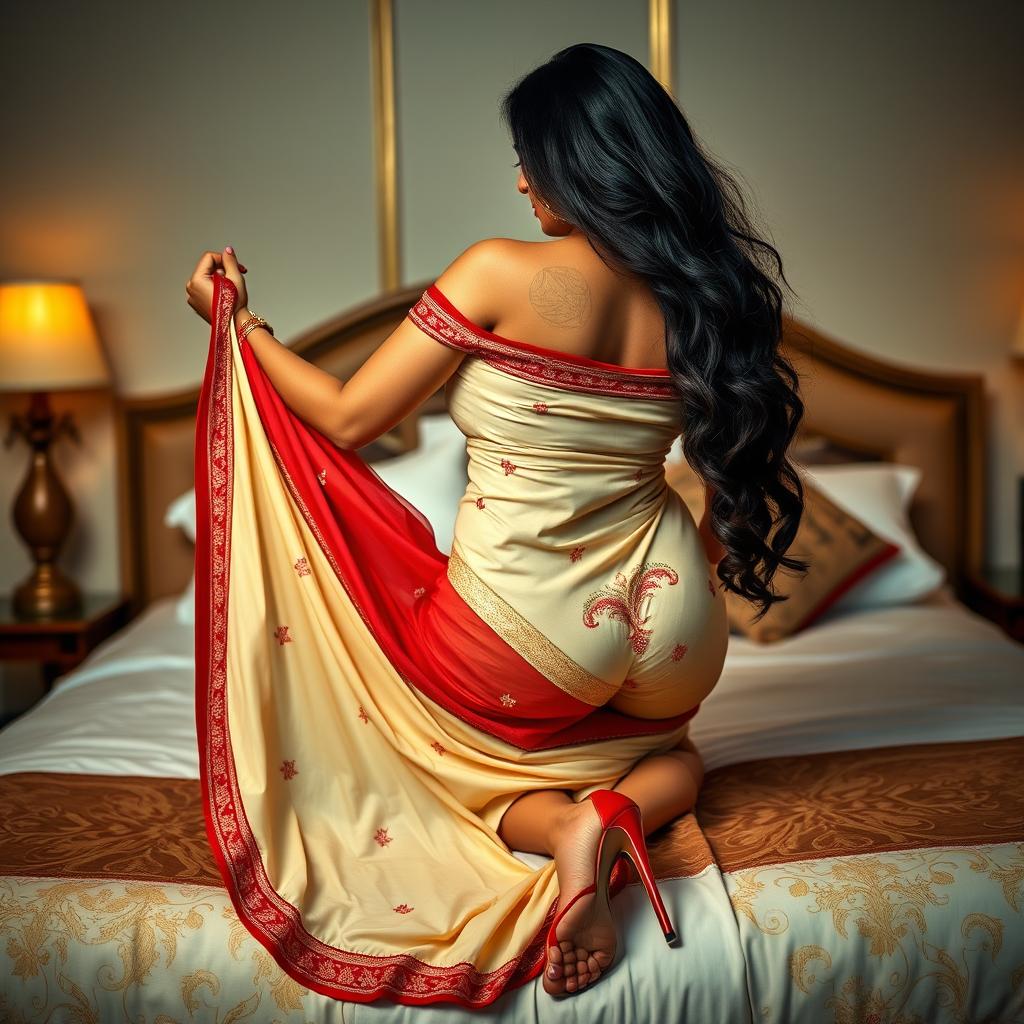 An alluring scene featuring a beautiful Assamese woman with a sexy figure, complemented by big breasts and a full backside, showcasing her stunning face