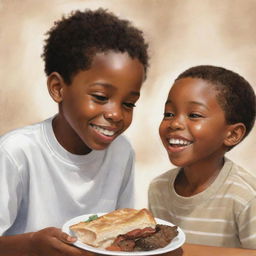 An endearing illustration portraying a kind-hearted African American boy generously sharing his food with a white Caucasian boy, encapsulating a moment of pure friendship and camaraderie.