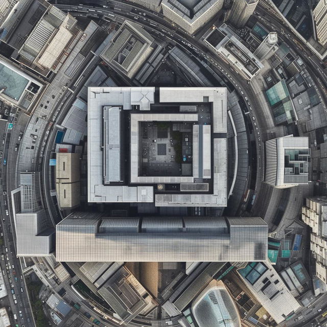 A daytime aerial view of the impassive Police Headquarters located in the heart of a bustling central business district, set amidst a landscape of towering skyscrapers and busied streets.