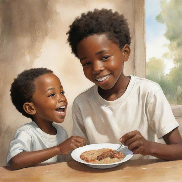 An endearing illustration portraying a kind-hearted African American boy generously sharing his food with a white Caucasian boy, encapsulating a moment of pure friendship and camaraderie.