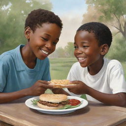 An endearing illustration portraying a kind-hearted African American boy generously sharing his food with a white Caucasian boy, encapsulating a moment of pure friendship and camaraderie.