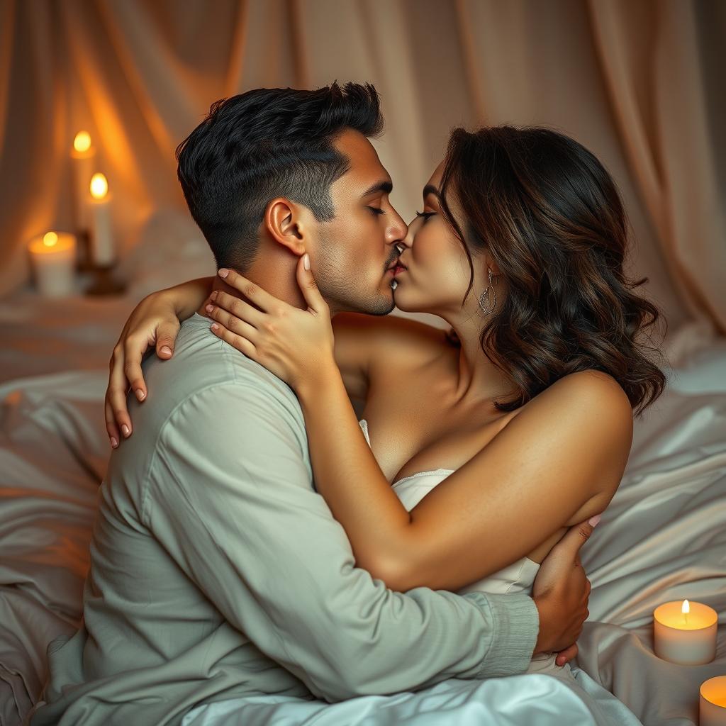 An intimate scene depicting a loving couple embrace in a soft, romantic atmosphere