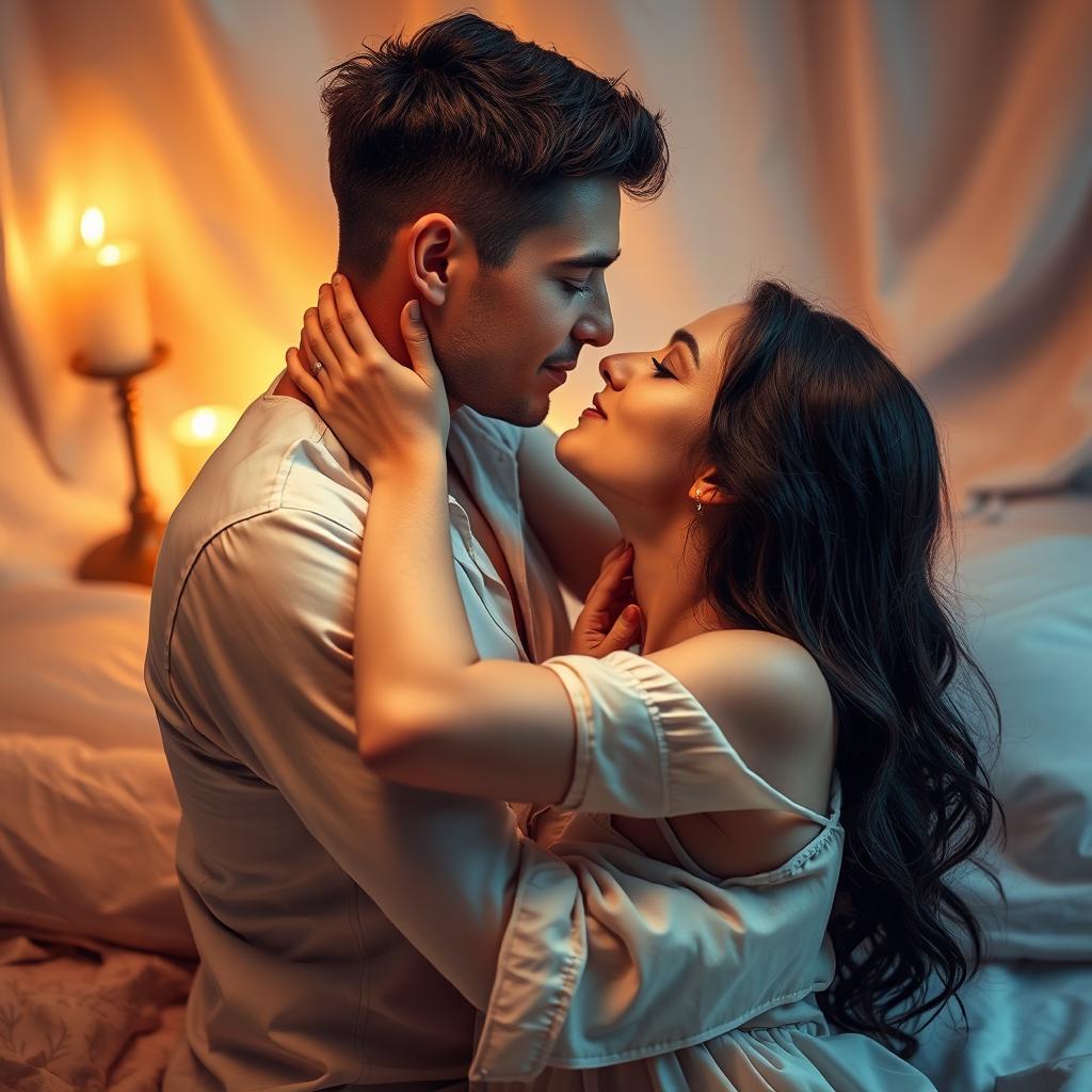 An intimate scene depicting a loving couple embrace in a soft, romantic atmosphere