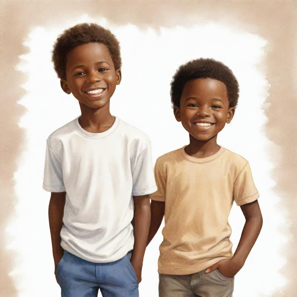 An uplifting illustration showing an African American boy and a white boy standing together in unity and friendship. Their shared smiles depict a bond transcending racial barriers.