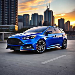 A stunning Ford Focus ST parked in an urban setting, showcasing its sleek design and vibrant blue color