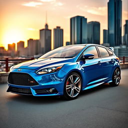 A stunning Ford Focus ST parked in an urban setting, showcasing its sleek design and vibrant blue color