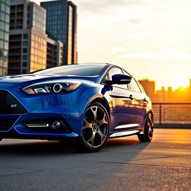 A stunning Ford Focus ST parked in an urban setting, showcasing its sleek design and vibrant blue color