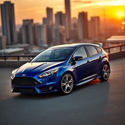 A stunning Ford Focus ST parked in an urban setting, showcasing its sleek design and vibrant blue color