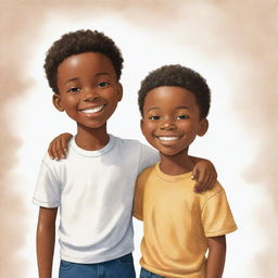 An uplifting illustration showing an African American boy and a white boy standing together in unity and friendship. Their shared smiles depict a bond transcending racial barriers.