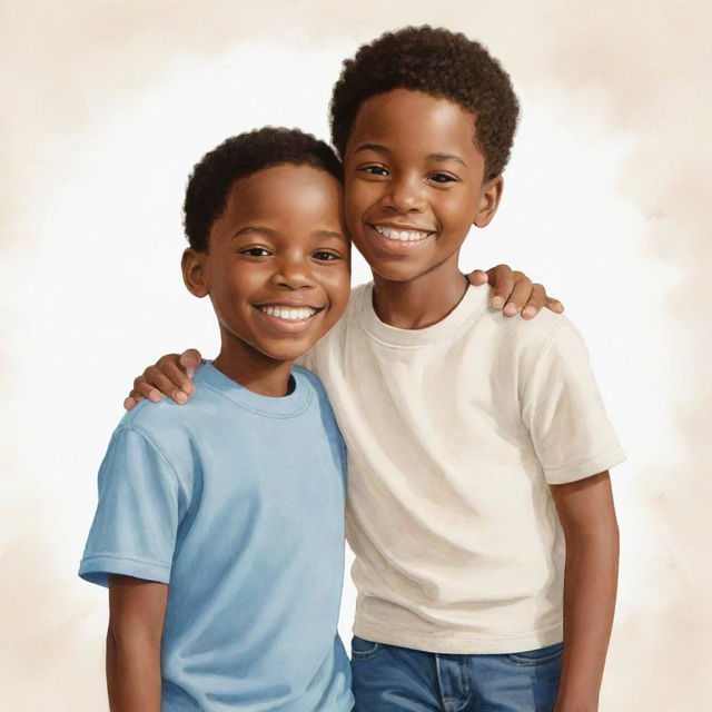 An uplifting illustration showing an African American boy and a white boy standing together in unity and friendship. Their shared smiles depict a bond transcending racial barriers.