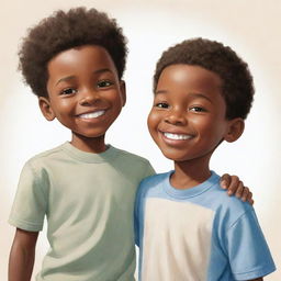 An uplifting illustration showing an African American boy and a white boy standing together in unity and friendship. Their shared smiles depict a bond transcending racial barriers.