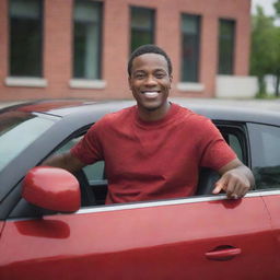 A man sitting in a sleek, red car with a confident smile on his face.