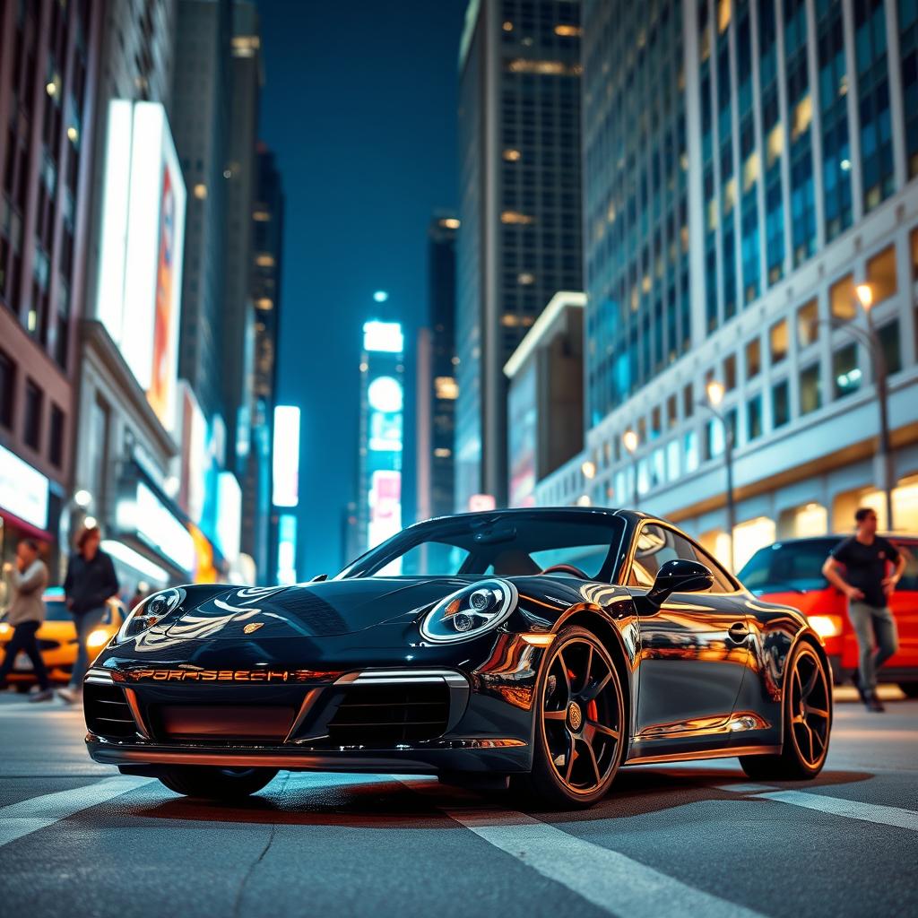 A stunning Porsche 911, celebrating its 25th anniversary, parked elegantly on a lively New York City street at night