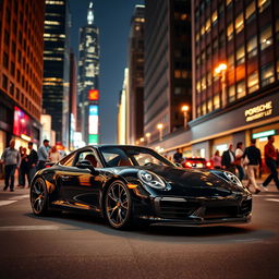 A stunning Porsche 911, celebrating its 25th anniversary, parked elegantly on a lively New York City street at night