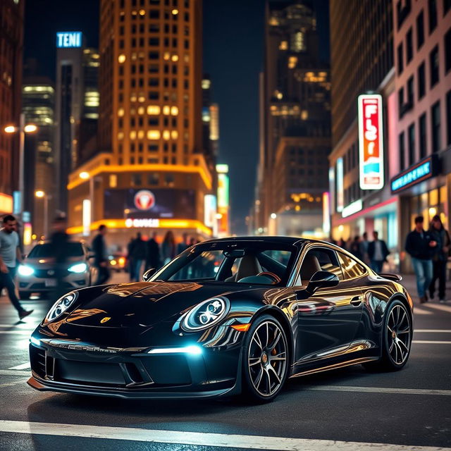 A stunning Porsche 911, celebrating its 25th anniversary, parked elegantly on a lively New York City street at night