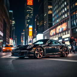 A stunning Porsche 911, celebrating its 25th anniversary, parked elegantly on a lively New York City street at night