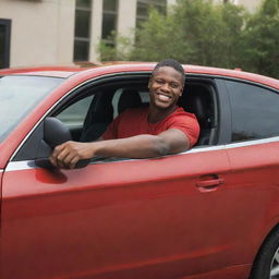 A man sitting in a sleek, red car with a confident smile on his face.