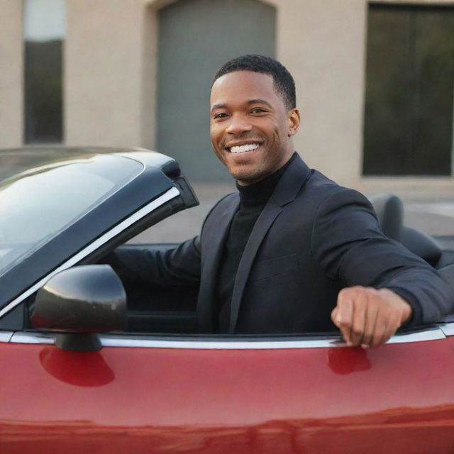 A man sitting in a sleek, red car with a confident smile on his face.