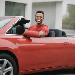 A man sitting in a sleek, red car with a confident smile on his face.